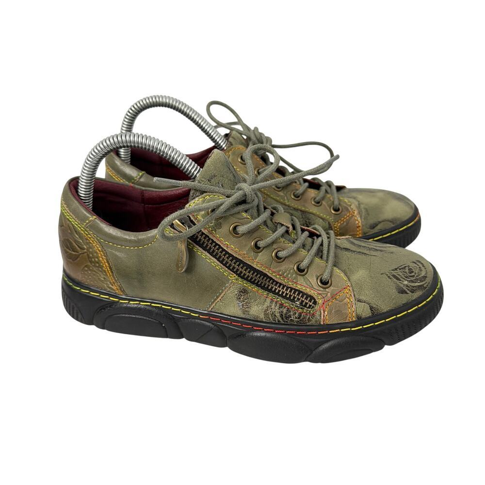 L’Artiste Shoes Womens 7 Spring Step Danli Bloom 37 Olive Leather Zip Sneaker